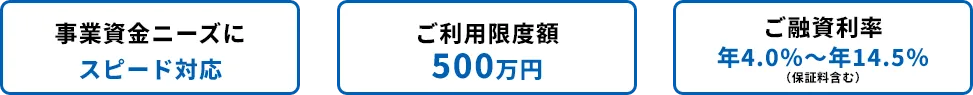 事業資金ニーズにスピード対応。ご利用限度額500万円。ご融資利率年4.0％～年14.5％（保証料含む）